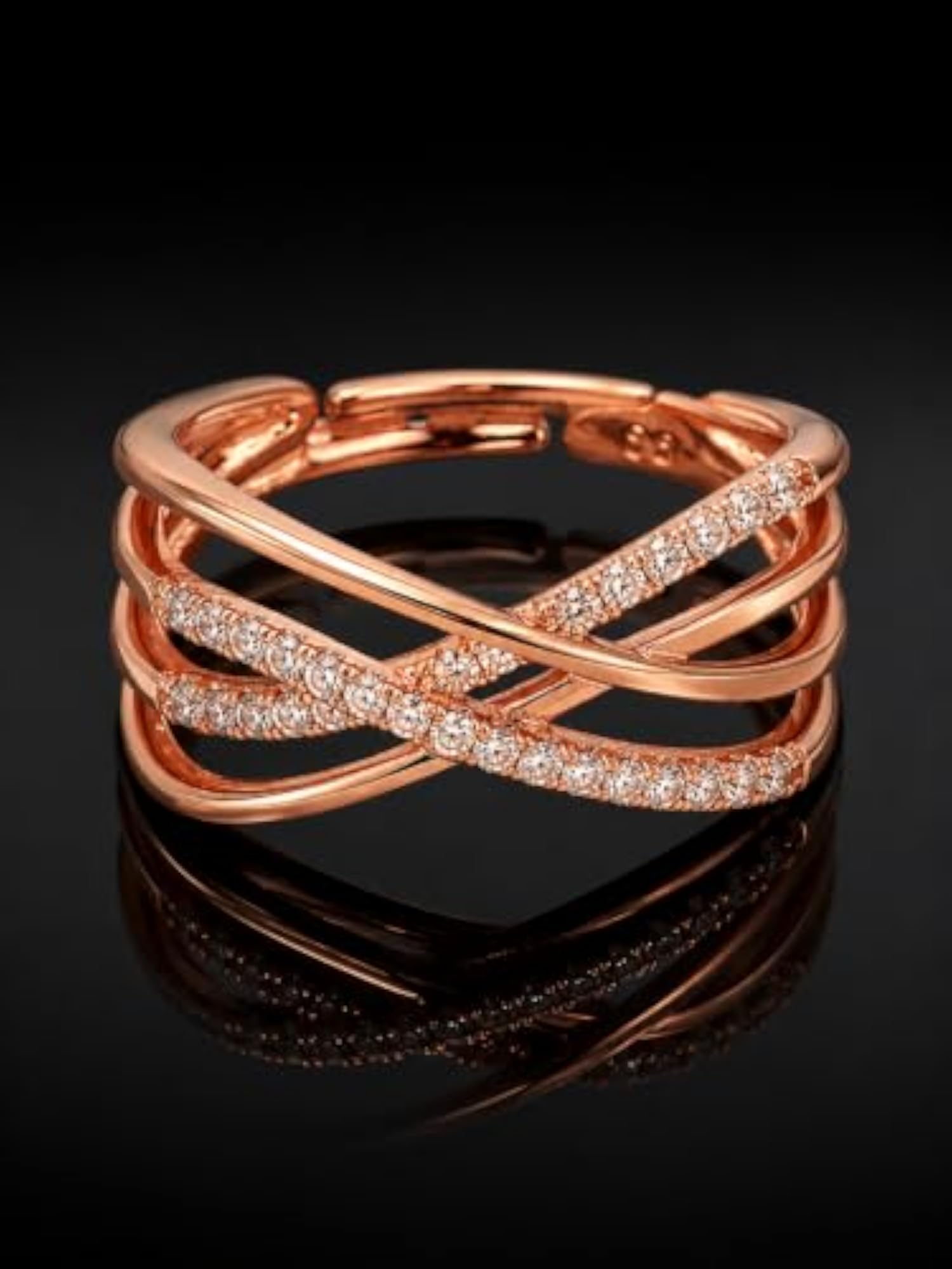 Women's Rose Gold Plated CZ Crossover Adjustable Ring, Elegant