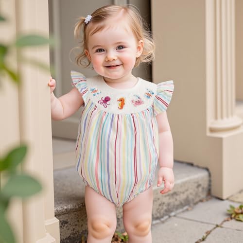Baby Girl Ocean Animal Outfit Crab Seahorse Octopus Embroidery Sleeveless Smocked Bubble Romper Infant Beach Clothes2