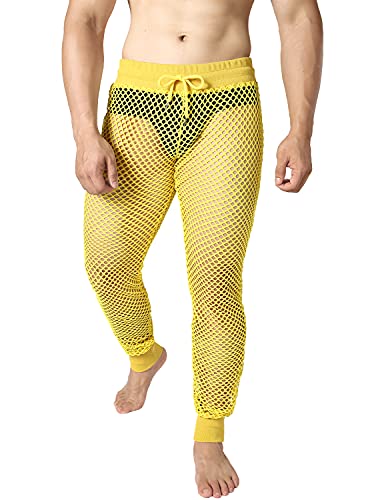 JOGAL Men's Mesh Fishnet See Through Pants Stretchy Muscle Leggings (Yellow, Small)