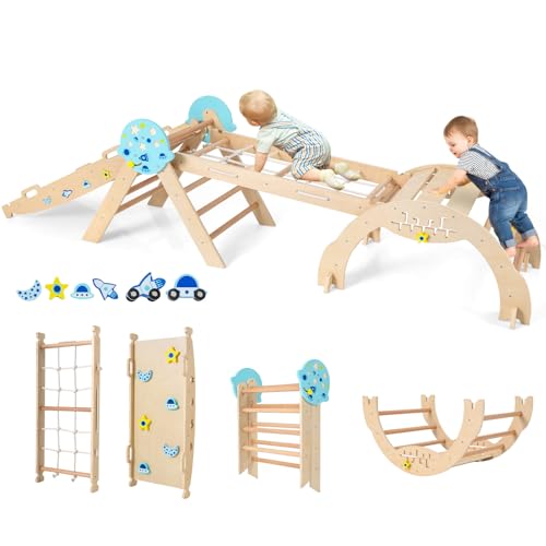 COSTWAY Klätterställning inomhus set med 4, hopfällbar klättertriangel med rutschkana, klätterbåge, nät, inkl. dubbelsidig ramp, byggstenset och 2 bilar, universum ribbstäng, trä för barn från 3 år