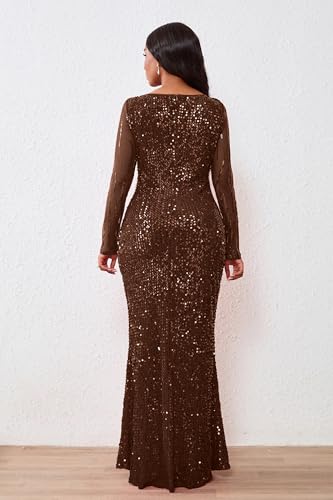 Image of VERWIN Women's Sequins Bodycon Round Neck Long Sleeve Sparkly Mermaid Maxi Dress for Casual Party Cocktail