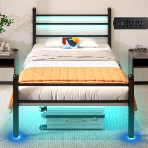 Image of J.Fkne Twin Bed Frame with LED Lights & Charging Station, Metal Platform Bed with Headboard, Heavy Duty Metal Slats, No Box Spring Needed, Noise Free, Easy Assembly, Black