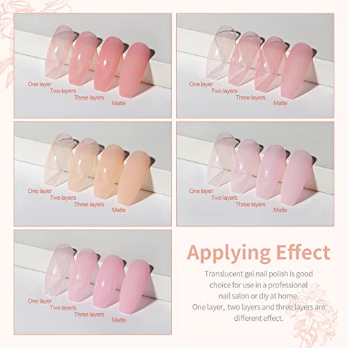 RARJSM Nude Gel Polish Set for French Manicure Nude Sheer Jelly Pink Gel Nail Polish Set 6 Transparent Colors Clear Light Brown Pure White Neutral Nail Varnish LED UV Curing Requires 7.5ml - Image 5
