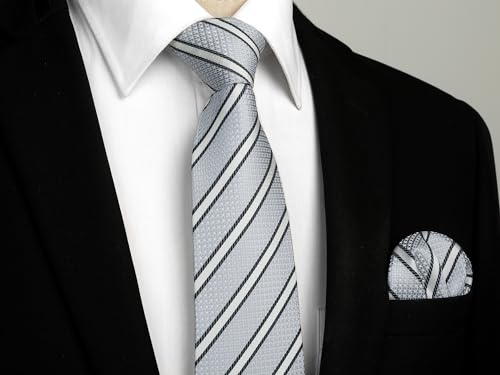Image of HISDERN Mens Striped Ties Classic Silk Woven Tie and Pocket Square Set Formal Business Necktie Handkerchief for Wedding