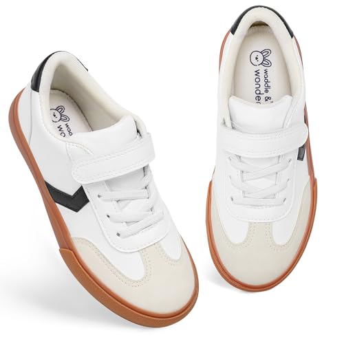 waddle wonder Toddler Slip On Shoes for Boys&Girls, Hook and Loop Walking Tennis School Sneaker for Kids Classic Casual Non-Slip Footwear Black&White