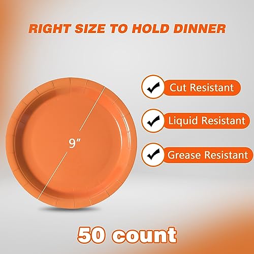 Image of Orange Disposable Paper Plates, 9 Inch Dinner Party Plates, 50 Count Bulk