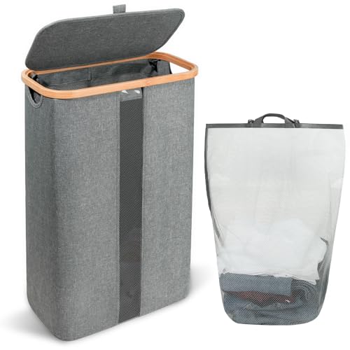 Cozary Cesto Ropa Sucia con Tapa 60L, Cesta Ropa Sucia con Bolsa Interior Extraíble y Lavable, Asas de Bambú, para Ropa, Juguetes, Toallas, para Dormitorio, Baño, Lavandería (Gris)