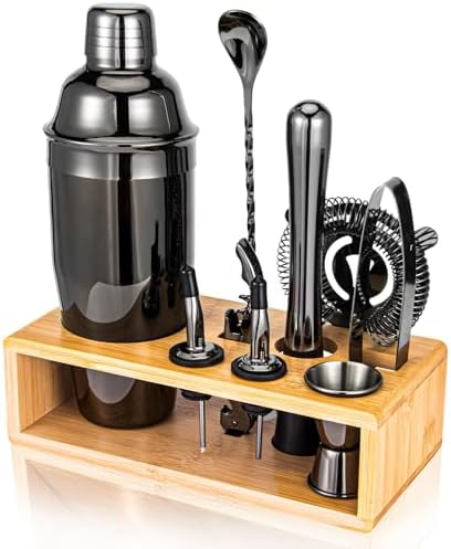 Black Cocktail Shaker Set, Premium 18/8 Stainless Steel Mixology Bartender Kit with Stylish Bamboo Stand 10-Piece Bar Tools & Accessories for Home Bar for Men, Dad, Husband - Thumbnail 3
