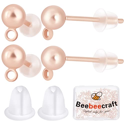 Beebeecraft 1 Box 100Pcs Ball Stud Earring Findings Stainless Steel Rose Gold Stud Post Earrings Components with Loop and 100Pcs Plastic Ear Nuts for Women Jewelry Making