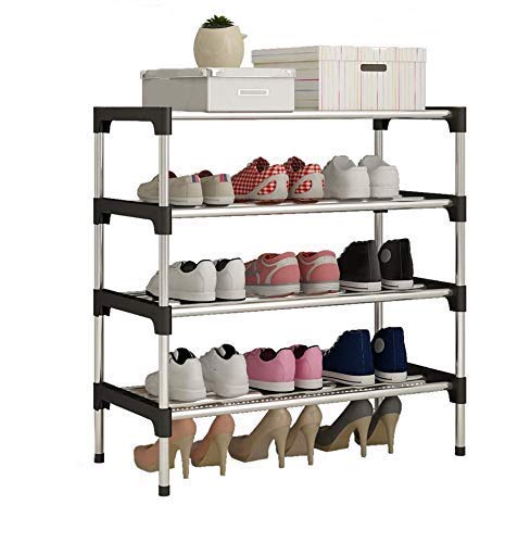 Stainless Steel Shoe Rack Matel Shoe Stand Storage Organizer Shoe Cabinet Durable Portable Iron Shoe Rack(4 Layers Black)