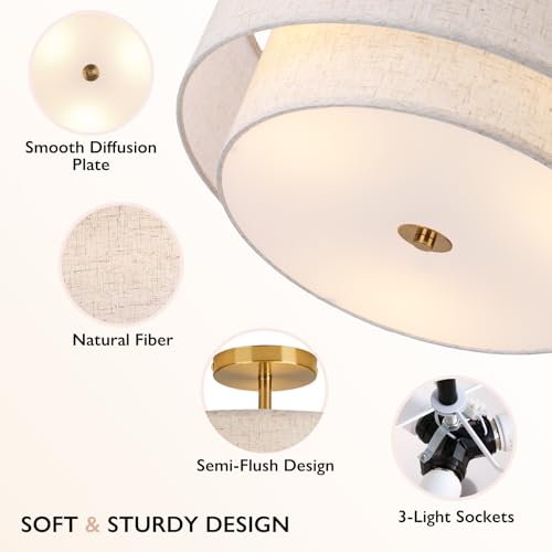 16 Double Drum Gold 3-Light Semi Flush Mount Ceiling Light, Classic Fabric Linen Shade Design for Living Room, Bedroom, Kitchen, Dining Room, Hallway and Entryway