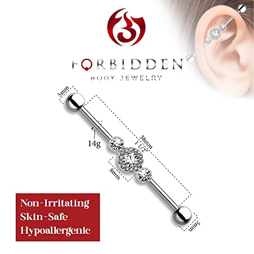 Forbidden Body Jewelry 14G 1.5 Inch (38Mm) Surgical Steel Super Glam Triple Cz Industrial (Silver/Clear) #TOP1