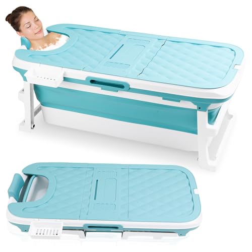Peviasot Faltbare Badewanne Erwachsene, 132 * 60 * 50 cm badewanne, Badewanne fur Dusche mit mit Deckel und Ablagekorb, mit Abflussrohr, geeignet für Badezimmer und Duschkabinen – Blau