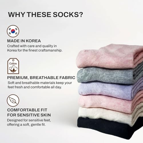Image of Women's Diabetic Socks - 6 Pairs, Non-Binding, Soft Cotton, Comfort Fit, Breathable & Trendy, Made in Korea, Size 5-9