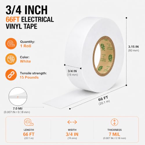 Image of 3 /4 inch x 66ft White Electrical Tape, V-0 Flame Retardant, 600V Rated