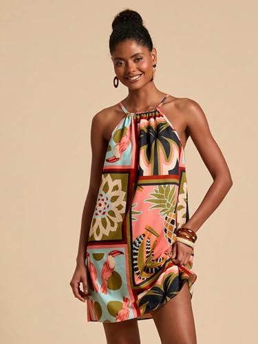 Image of KATECLO Women's Summer Halter Neck Printed Mini Dress - Casual Loose Fit Sleeveless Boho Beach Dress, Lightweight Vacation Sundress for Women