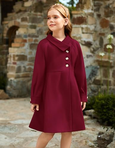 Image of GRACE KARIN Girls Dress Coat Kids Wool Lapel Long Button Jackets Fall Winter Outerwear Peacoat with Pockets 5-12Y