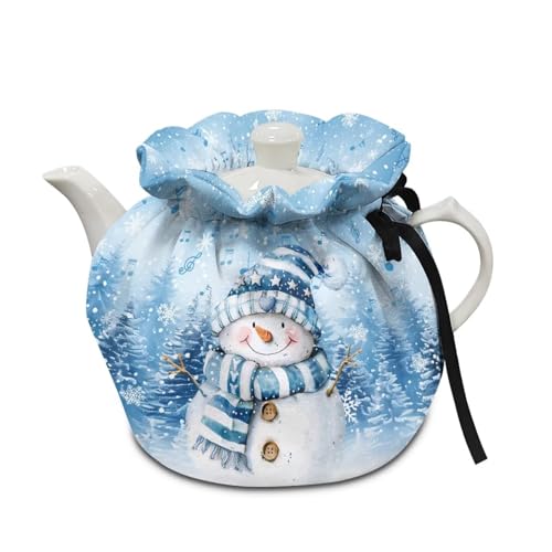 Image of Xoenoiee Christmas Snowman Blue Pattern Tea Cozy Tea Cosy for Teapots Keep Warm Teapot Cover Insulated Kettle Cover for Home Kitchen Table Decor