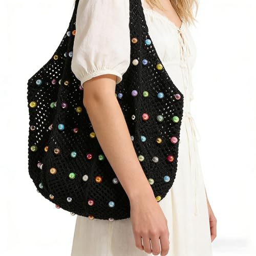 Image of Boho Crochet Beach Tote Shoulder Bag with Colored Beads | Colorful Aesthetic Hippie Knit Bag for Women