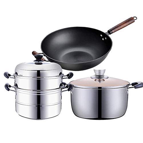 調理器具セット、3点ステンレススチール鍋&フライパンセット、IH対応、ソースパン、ガラス蓋付きキャセロール、蒸し器(3個セット) ガス電磁調理器に適しています 洗いやすい
