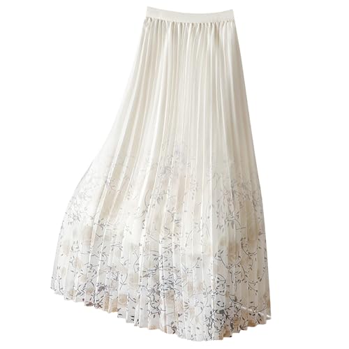 Tulle Skirt High Waist Pleated Skirt A Line Knee Length Floral Print Flared Hem Sheer Mesh Flowy Swing Soft Lightweight Comfy Midi Skirts for Women UK Ladies Casual Chic Boho Skirts White Free Size