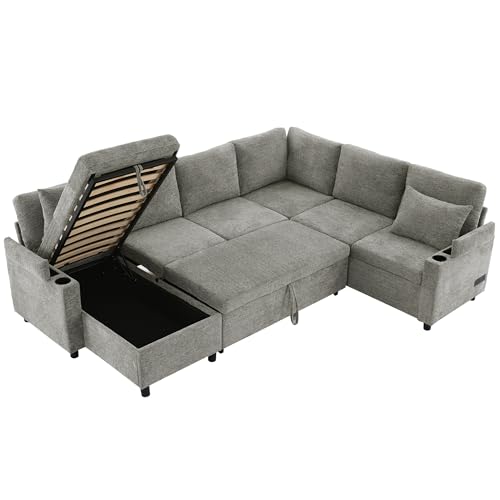 Image of ERYE 110-Inch U-Shaped Left Facing Sleeper Sectional Sofa Chenille Upholstered Corner Convertible Pull Out Sleeper Sofabed with Cupholders,Armrests Storage and USB Ports