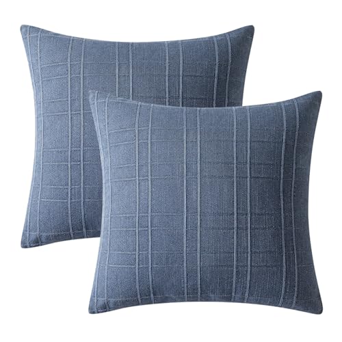Image of MIULEE Decorative Linen Check Throw Pillow Covers Neutral Farmhouse Vintage Pillow Covers 20x20 Set of 2 Boho Modern Home Decor for Sofa Couch Bedroom Cushion Blue