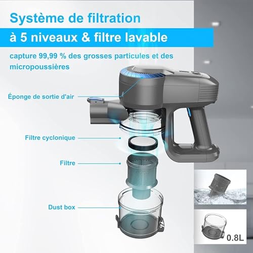 Aspirateur Balai sans Fil N300, 20KPa & 2 Vitesses, Aspirateur sans fil 175W, Aspirateur Léger, 40Min Autonomie, 6 en 1 Aspirateur Balai sans Sac pour Les Poils d'animaux, Tapis, Canapé, Voiture