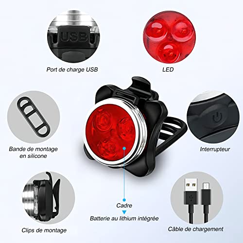 Lampe LED de Vélo,Ozvavzk Lumière Vélo Rechargeable Avant Arrière, 4 Modes de Luminosité éclairage USB Antichoc Impermeable VTT VTC Cycliste Poussette Camping - Image 5