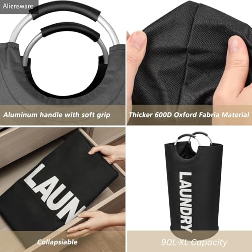 Image of Aliensware Laundry BasketXL 90L with aluminium Handles,Collapsible Laundry Bag Bin Hamper, Water Resistant Oxford cloth bag /Foldable /Clothes Storage Box /Storage Basket /Aliens-(79 X 38cm) Black