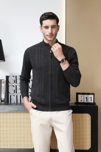 Mens 100% Wool Full Zip Cardigan Sweater Casual Mock Neck Cable Knitted Winter Chunky Sweaters4