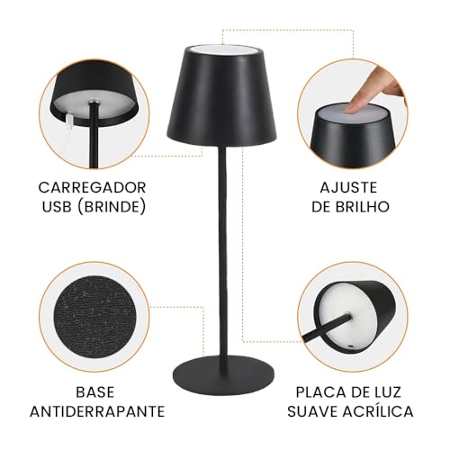 Luminária Abajur De Mesa Led Dimerizável Recarregável Sem Fio 3 Cores Luz Para Descanso Leitura Prem