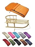 Kombi-Angebot [Holz-Schlitten + universaler Winterfußsack 90cm] Rodel mit Rückenlehne und Zugseil Fußsack geeignet für Babyschale Kinderwagen Buggy mit Thermofleece (orange)