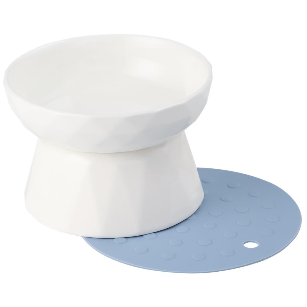 Podwyższony zestaw ceramicznych misek na karmnik dla kotów – konstrukcja zapobiegająca wymiotom + przyjazne dla wąsów szerokie naczynie z antypoślizgową podstawą, nadaje się do mycia w zmywarce
