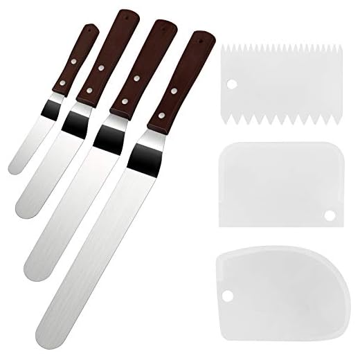 Cake Icing Spatula Set of 4 Packs(10"+8"+6"+4") and Cake Smoother Scraper Set of 3 Packs, Professional Stainless Steel Offset Spatula with Wooden Handle