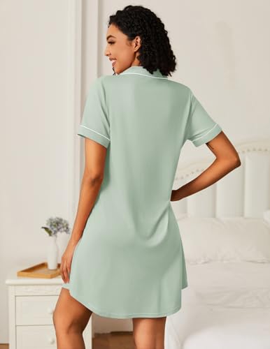 Image of Ekouaer Nightgowns for Women Bamboo Viscose Sleep Shirts Button Down Night Shirt Short Sleeve Boyfriend Pajama Dress