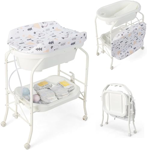 Baby Changing Table with Bathtub, 4 in 1 Foldable Infant Diaper Dresser Station with Lockable Wheels PVC Pad Storage Tray, Portable Nursery Organizer Bath Stand for Newborn (White)