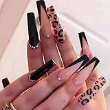 ANDGING long Black Press on Nails Coffin, Fake Nails for Women with Black Pink Leopard Bling Rhinestone Design, Full Cover Nails Press on, Reusable fake on Nails Stick on Nails for Christmas 24Pcs