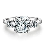 Classic Three Stone Cushion Cut Solitaire Engagement Ring Square Sterling Silver Anniversary Bridal Ring (Silver, 7)