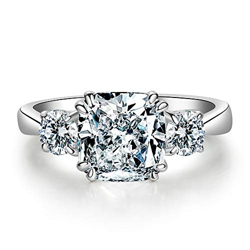 Classic Three Stone Cushion Cut Solitaire Engagement Ring Square Sterling Silver Anniversary Bridal Ring