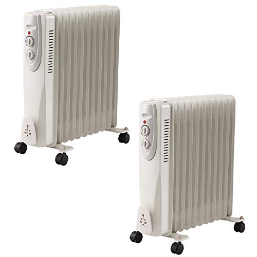 2500W 11 Fin Oil Filled Radiator, 3 Heat Settings and Thermostat Timer, Overheat Safety Cut-off, 2.5kw Portable Heater with Quiet Operation, White (2)