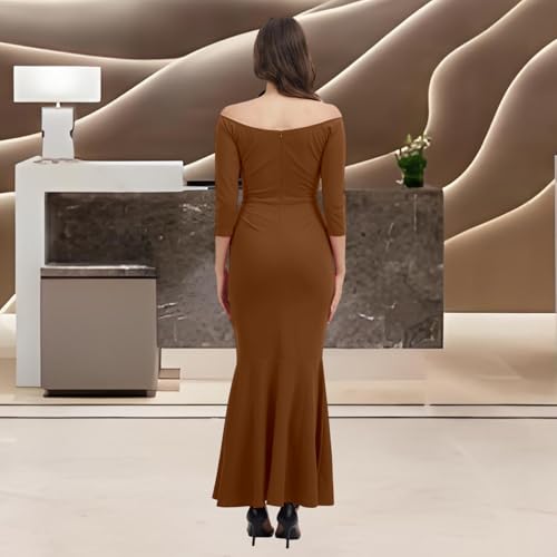 Image of Women's Elegant Formal Mermaid Maxi Dress Off Shoulder Long Sleeve Wedding Split Evening Gown Prom Cocktail Party Dresses