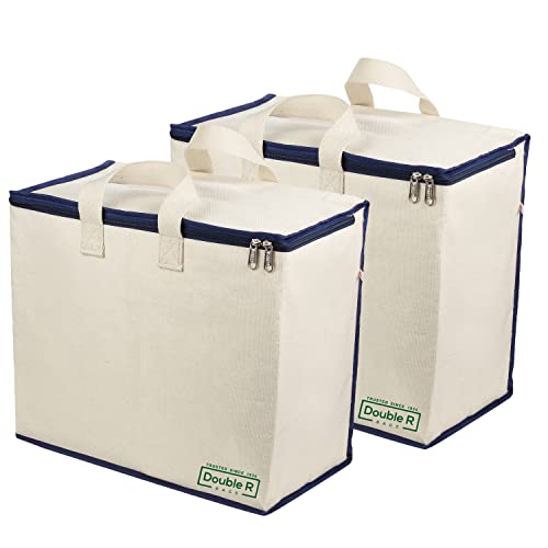 Image of DOUBLE R BAGS Multipurpose Clothes & Grocery Storage Organizer with Reinforced Cotton Handles, Zip Cover & 1 Compartment - Heavy Duty Canvas Bags (Navy, 43x27.9x43 cm, Pack of 2)