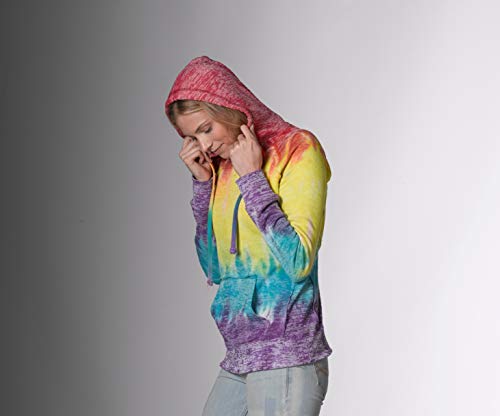 Mv Sport Tie Dye Women's Courtney Burnout Light Hooded Pullover Blend Fleece (Rainbow Stripe, Large) #TOP4