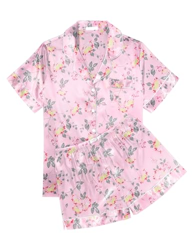 Image of Ekouaer Womens Silk Satin Pajama Sets Soft Short Sleeve Button Down Sleepwear Top and Shorts 2 Piece Pjs Lounge Set,Floral Pink Yellow,S