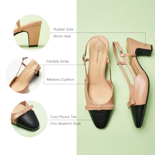 C.Paravano Women's Slingback | Women's Pumps | Low Chunky Heel | Block Heel Pumps | Splicing Bowknot4