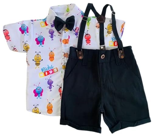 Bichikids Kit Roupa Conjunto Infantil Menino 4 Peças Camisa Gravata Bermuda e Suspensório Aniversári