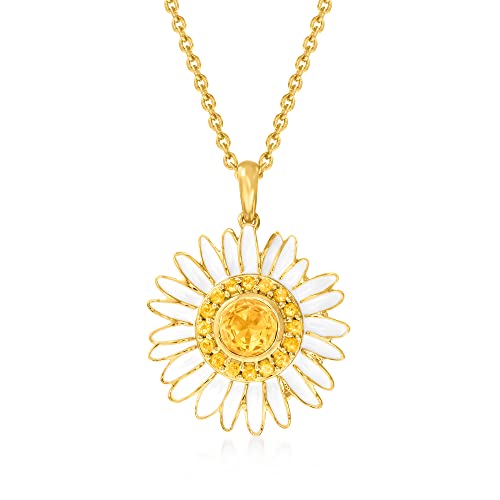 Ross-Simons 1.10 ct. t.w. Citrine and White Enamel Daisy Pendant Necklace in 18kt Gold Over Sterling. 18 inches