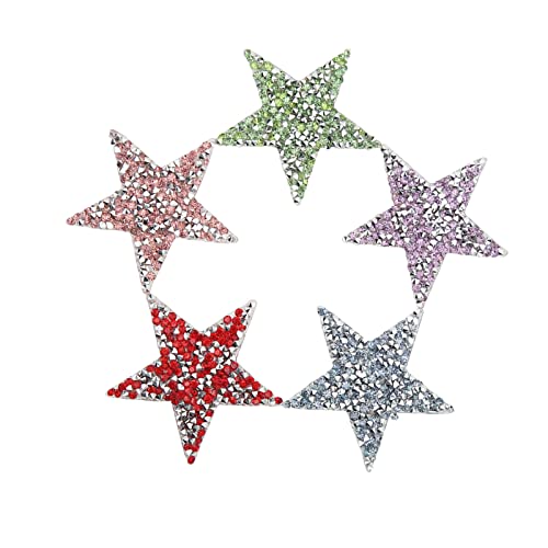 Jenngaoo Lot de 5 Patchs Thermocollants Étoiles, 6cm de Patchs Adhésifs Thermofusibles Colorés Étoiles Paillettes Strass, Appliques Motif Étoile Patchs de Décoration de Réparation de Vêtements Cover