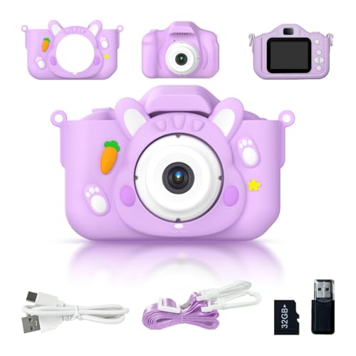 「First.B」トイカメラ キッズカメラ 子供用 4800万画素 日本正規品 32GBメモリーカード付 動画カメラ デジタルカメラ 前後レンズ お誕生日プレゼント 可愛いカバー付き 8倍ズーム typeC充電 1080HD 男女通用 小学生 子供 (ウサギパープル)